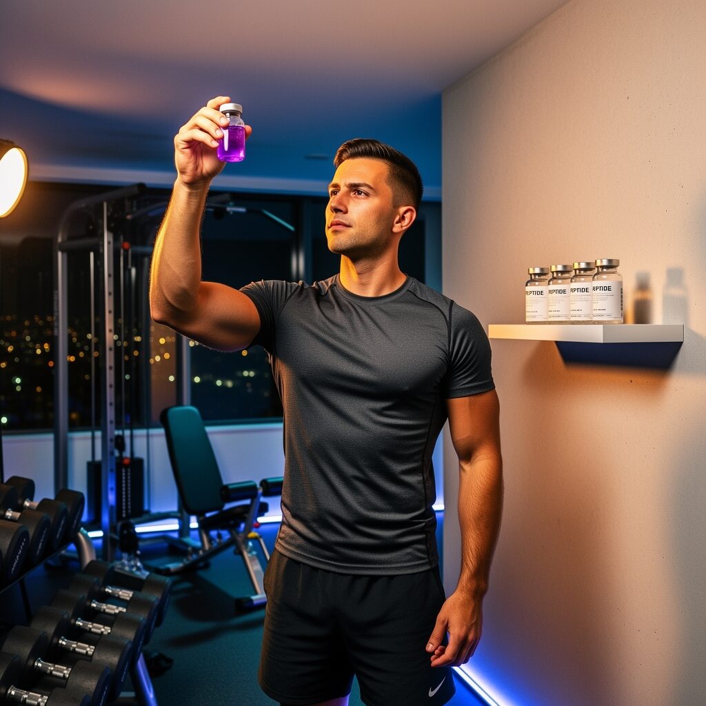 Athletic man in a modern home gym holding a small glass vial with vibrant purple