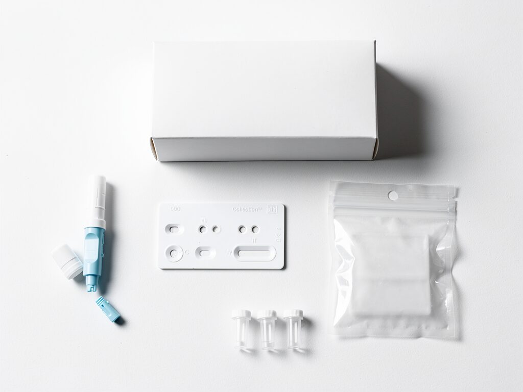 Athome blood test kit with fingerprick lancet and collection card for biomarke