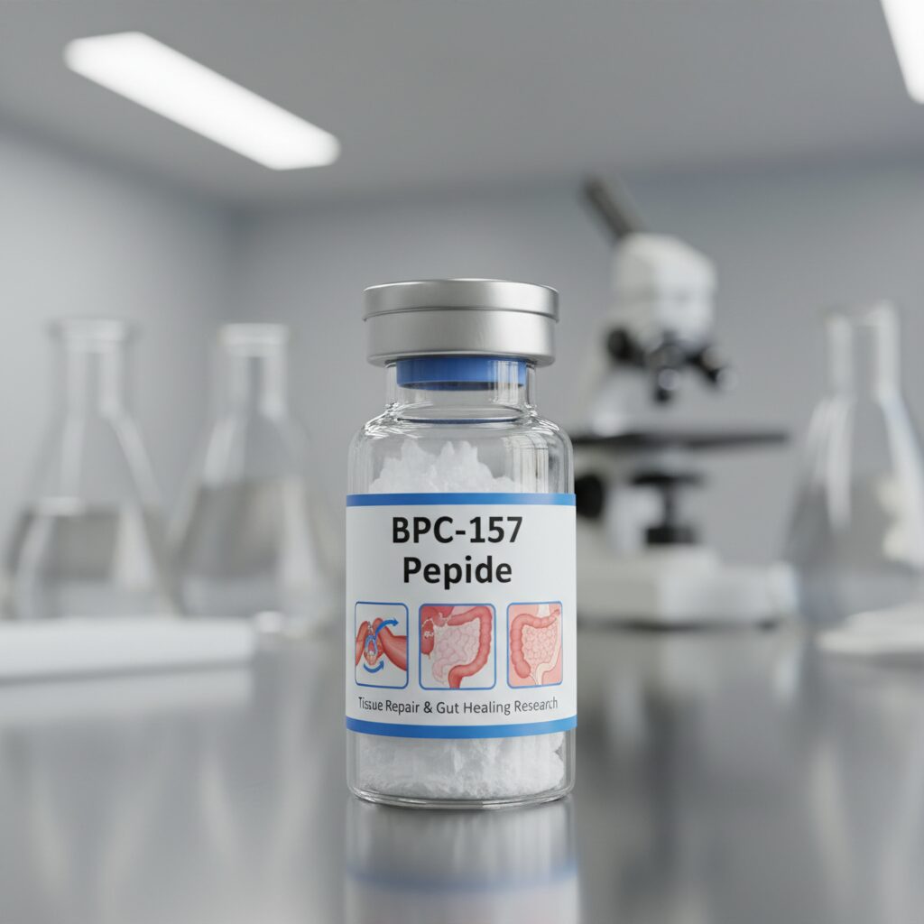 BPC157 peptide vial labeled for tissue repair and gut healing research