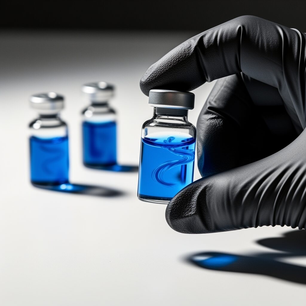 Closeup of a hand wearing black nitrile gloves holding a single peptide vial wi