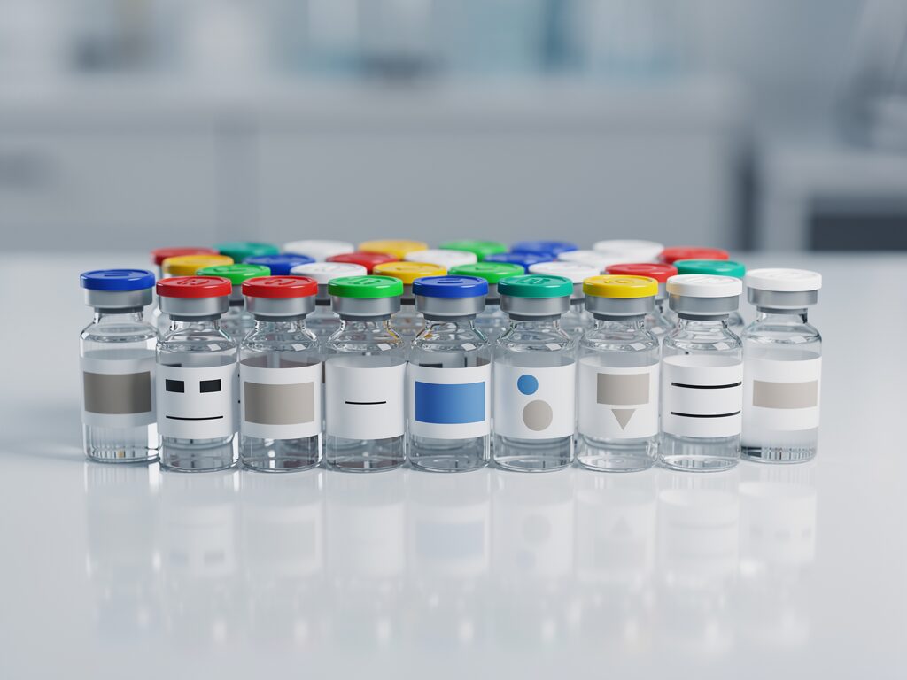 Collection of research peptide vials with different colored caps and labels