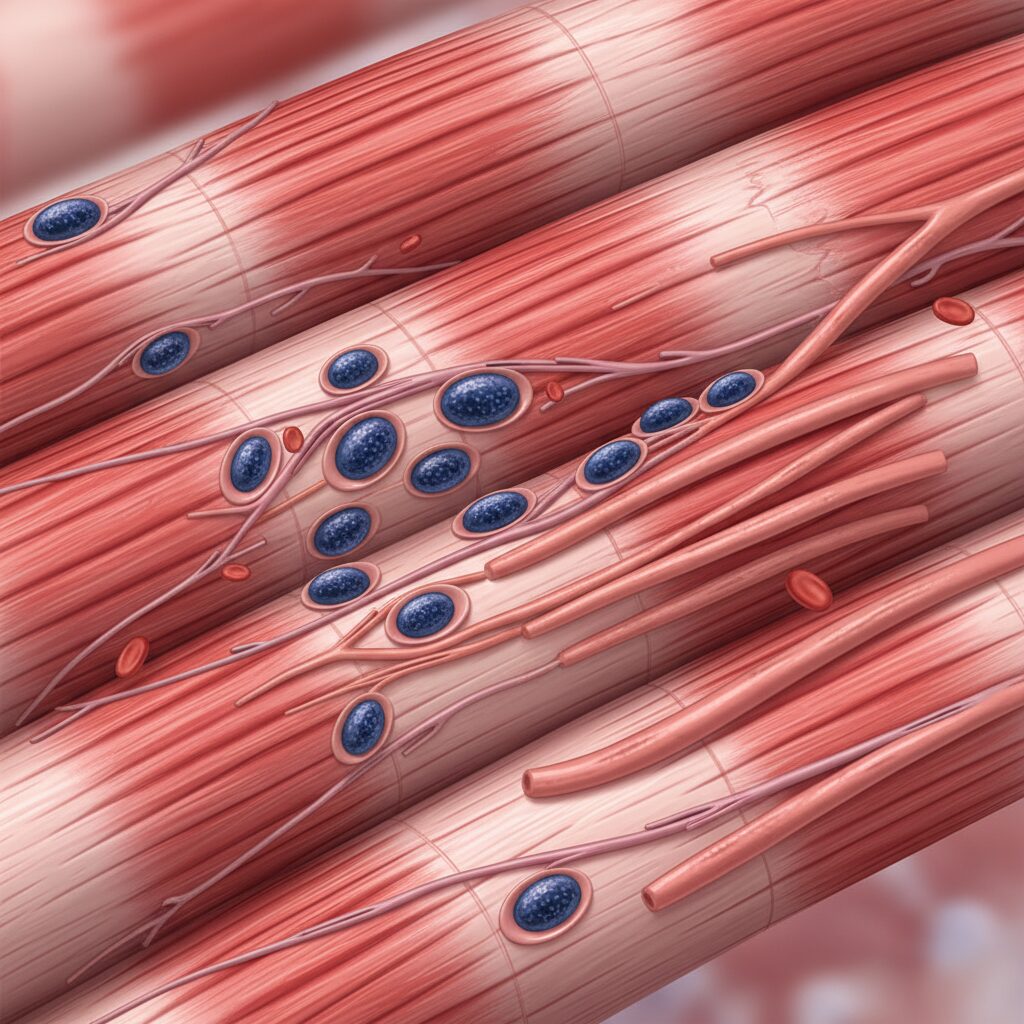 Crosssection illustration of muscle tissue showing satellite cell activation