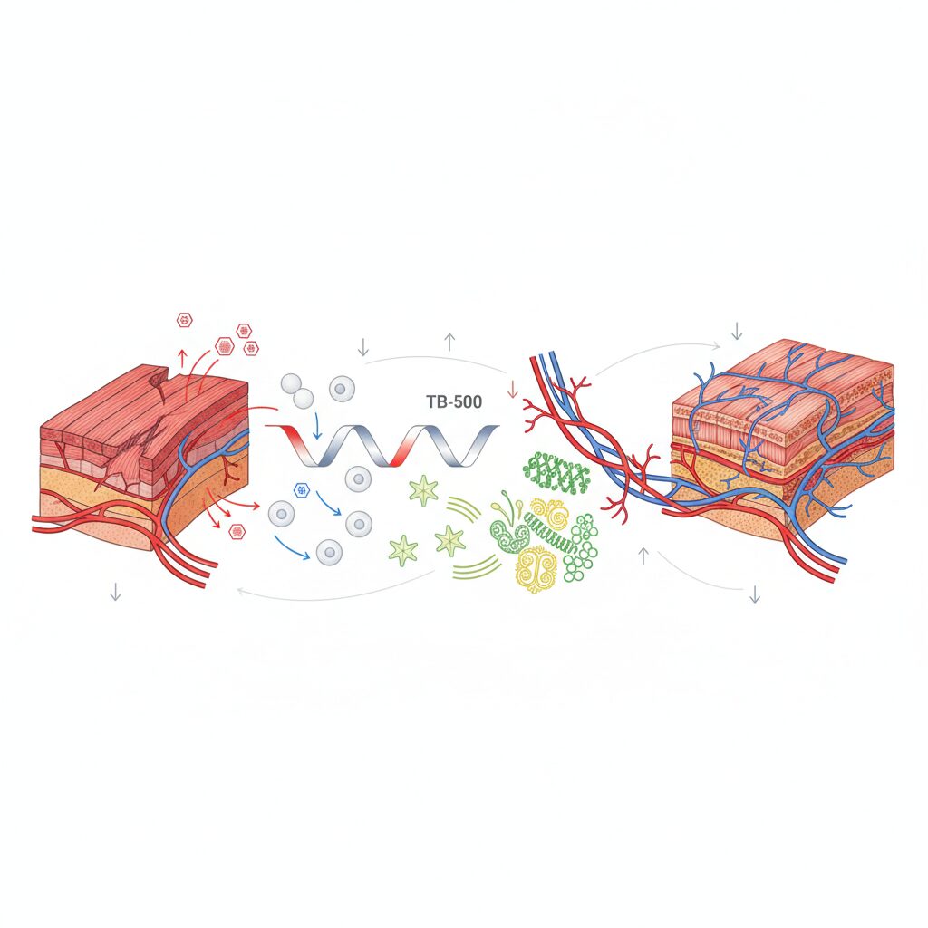 Diagram illustrating TB500 mechanisms for tissue regeneration and wound healing