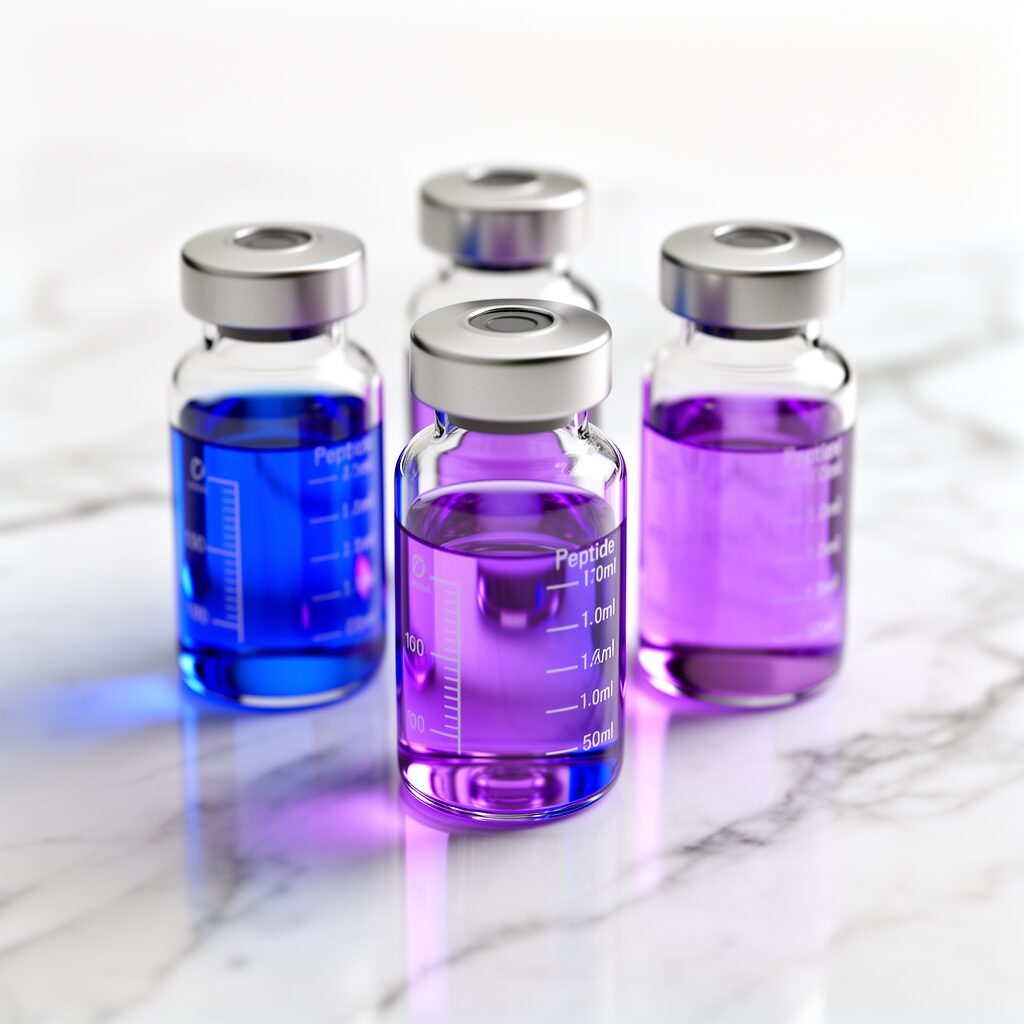 Four glass peptide vials arranged in a diamond formation on a white marble surfa