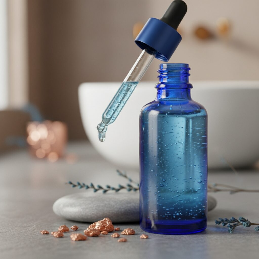 GHKCu copper peptide serum bottle for skin repair and antiaging