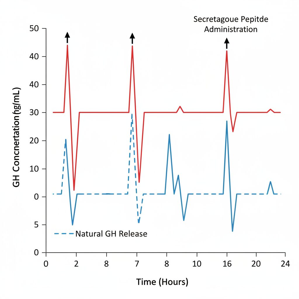 Growth hormone pulse diagram showing natural GH release augmented by secretagogu