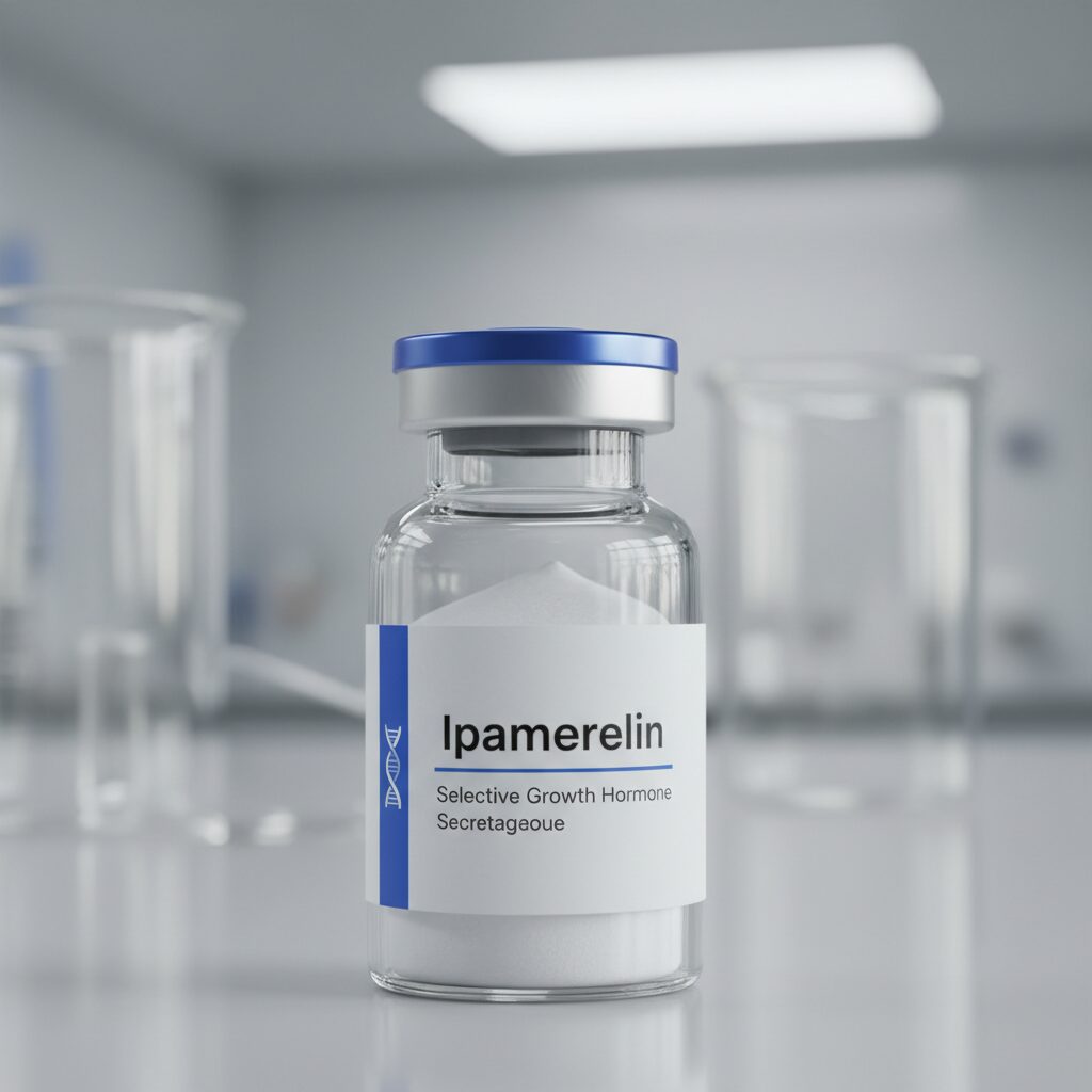 Ipamorelin peptide vial labeled as a selective growth hormone secretagogue