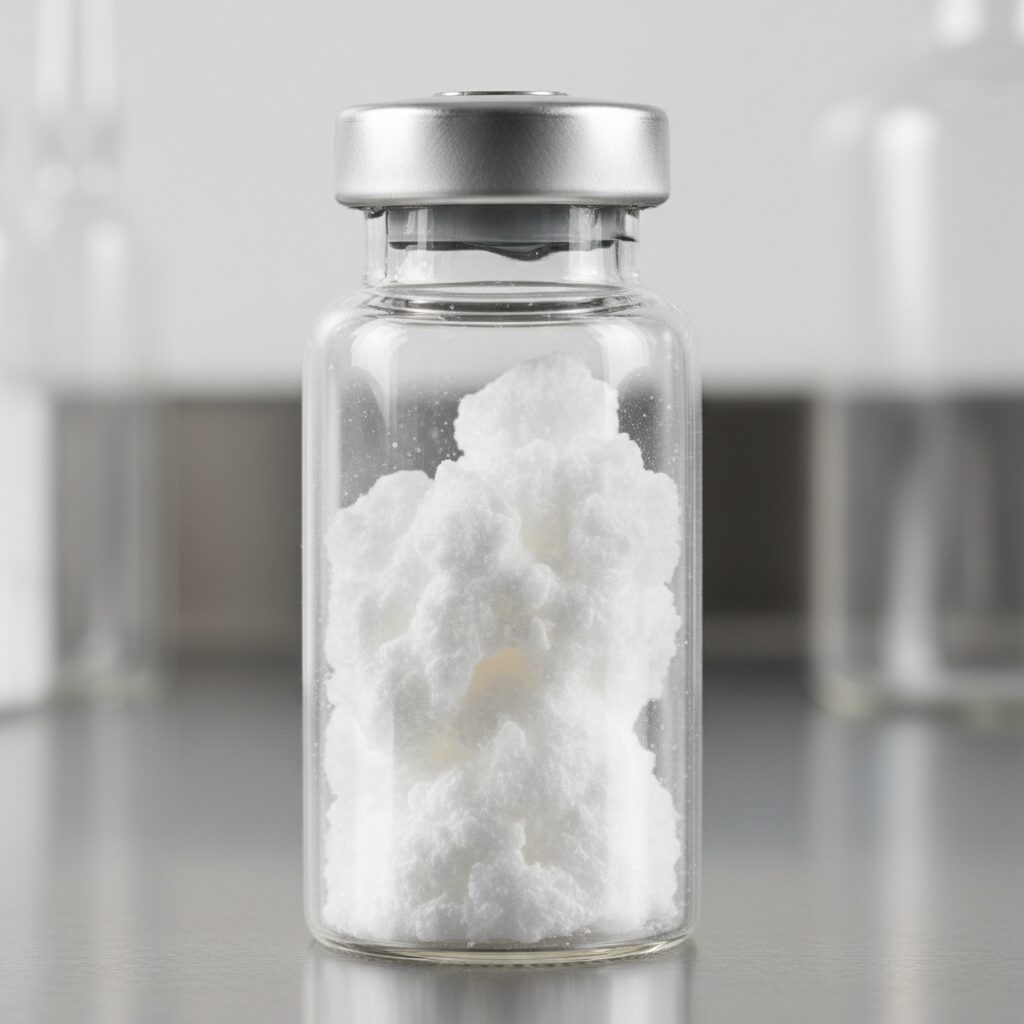 Lyophilized BPC157 powder as a white cake inside a sealed vial