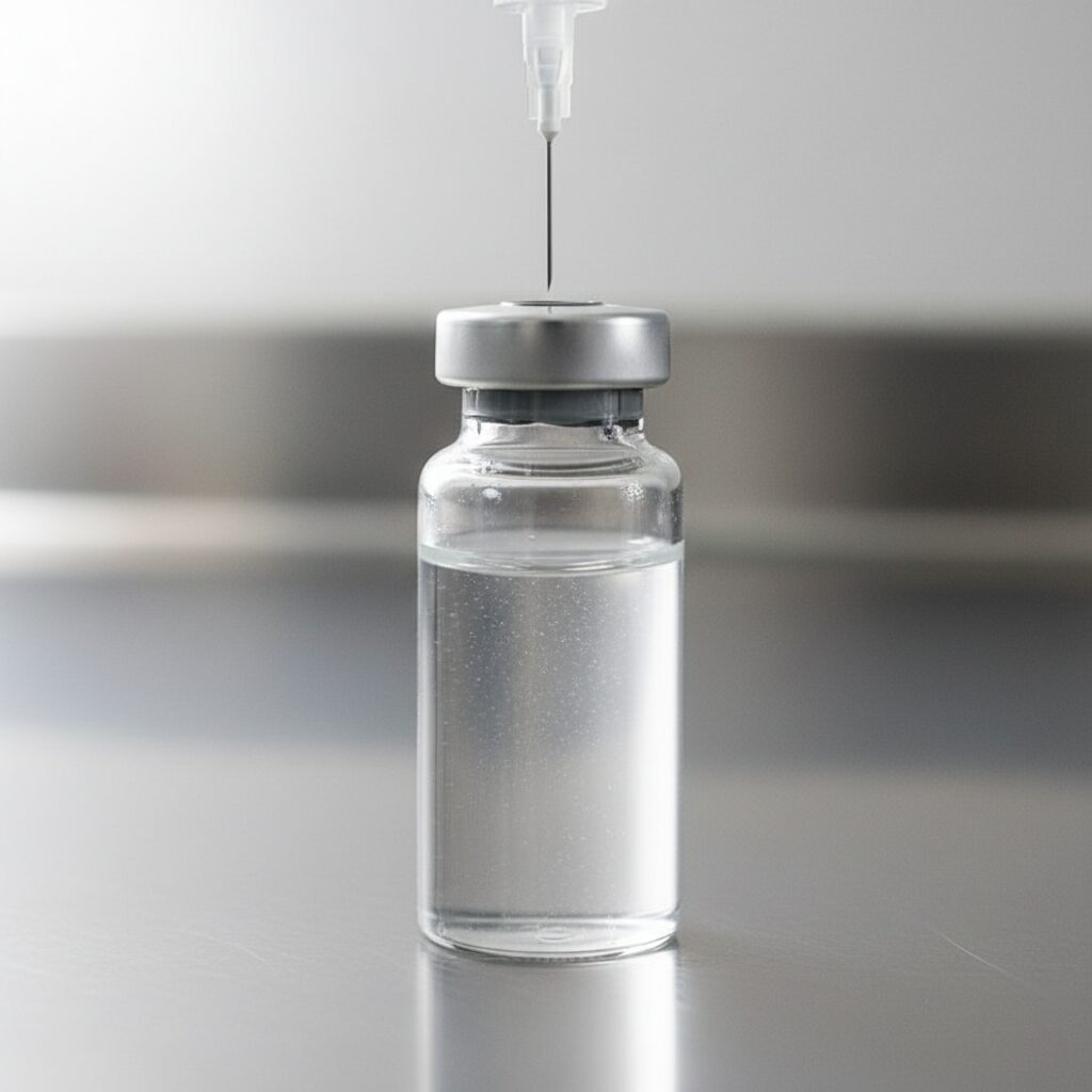 Reconstituted peptide solution in a clear glass vial ready for dosing