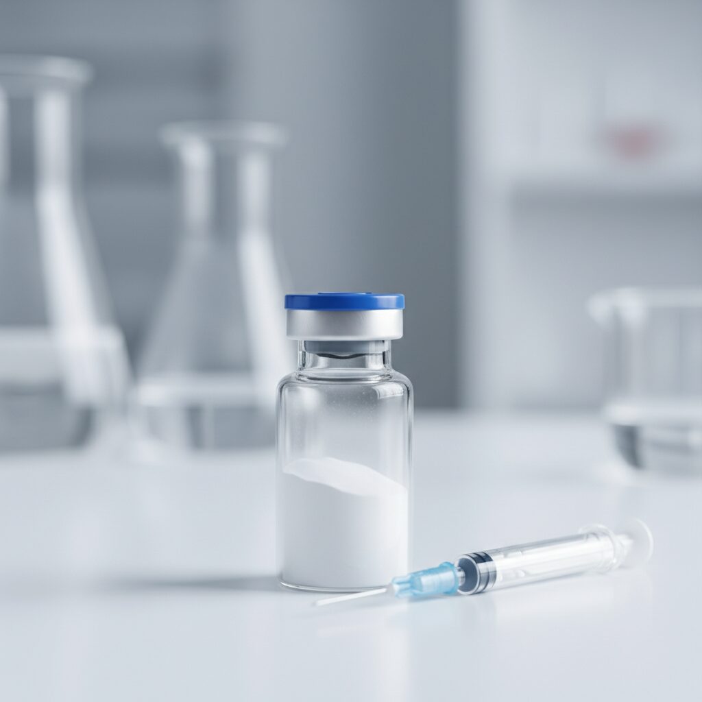 Sermorelin peptide vial used as a growth hormone releasing hormone analog