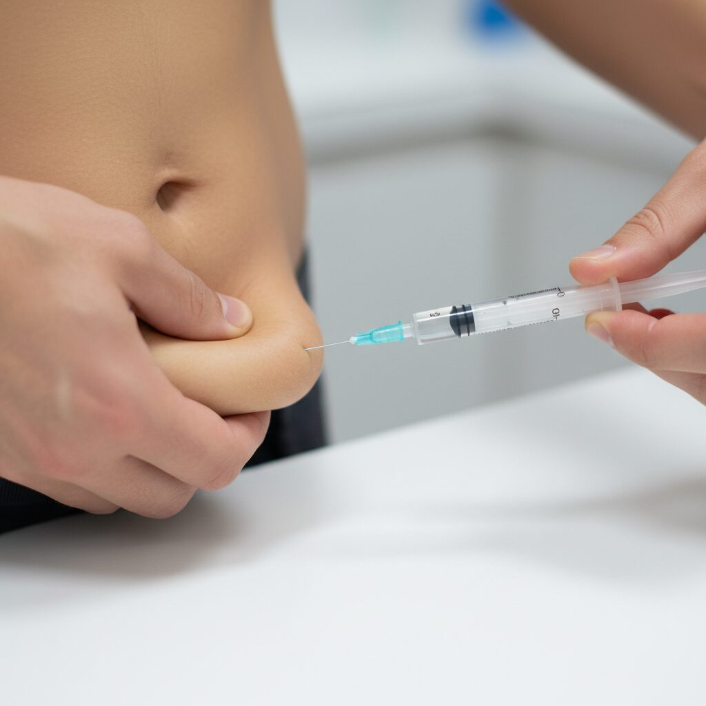 Subcutaneous injection technique pinching abdominal skin fold for peptide admini
