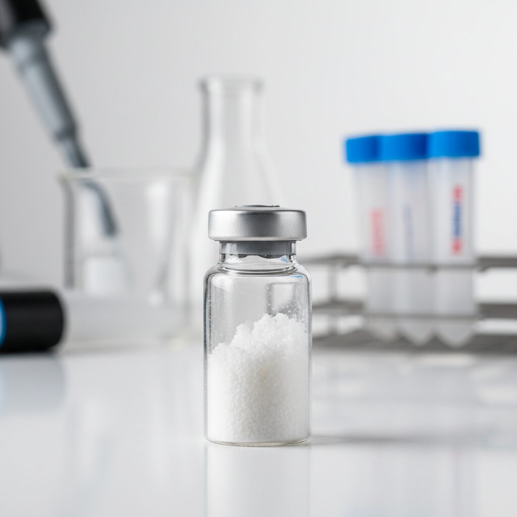 Tesamorelin peptide vial used for visceral fat reduction research