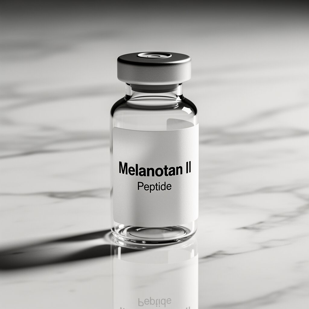 clear glass peptide vial white label reading Melanotan II with Peptide in small