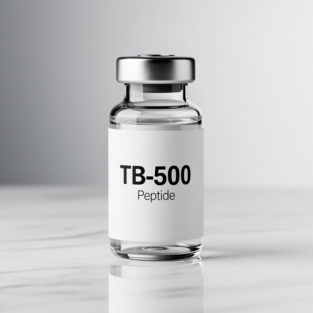 clear glass peptide vial white label reading TB500 with Peptide in small font